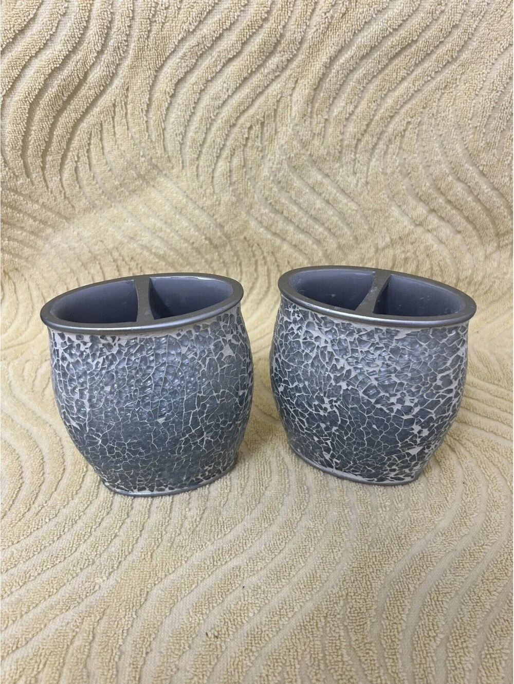 Brushed Silver Gray Crackle Glass Toothbrush Holder Bath Accessory